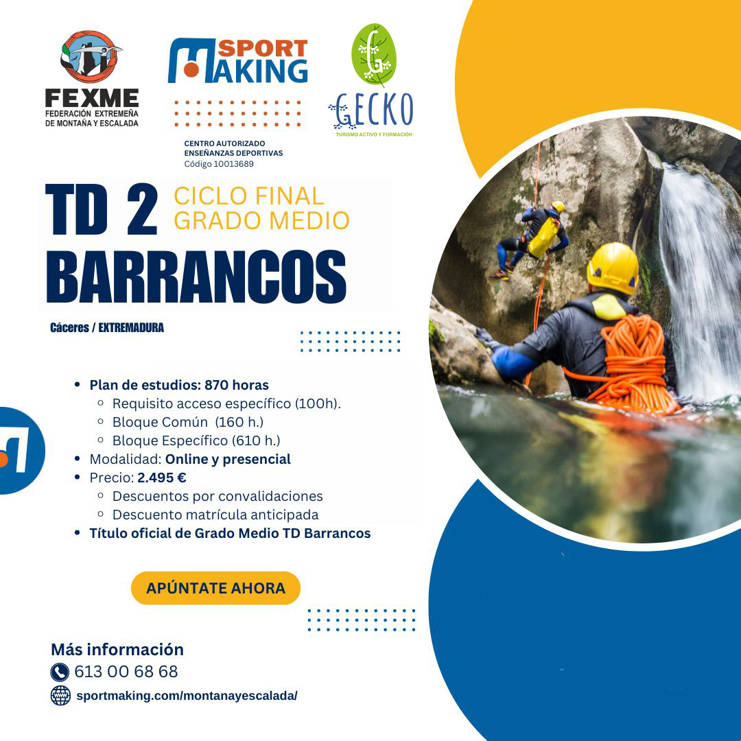Técnico Deportivo en Barrancos TD2 Barrancos. Estudiar técnico deportivo en barrancos